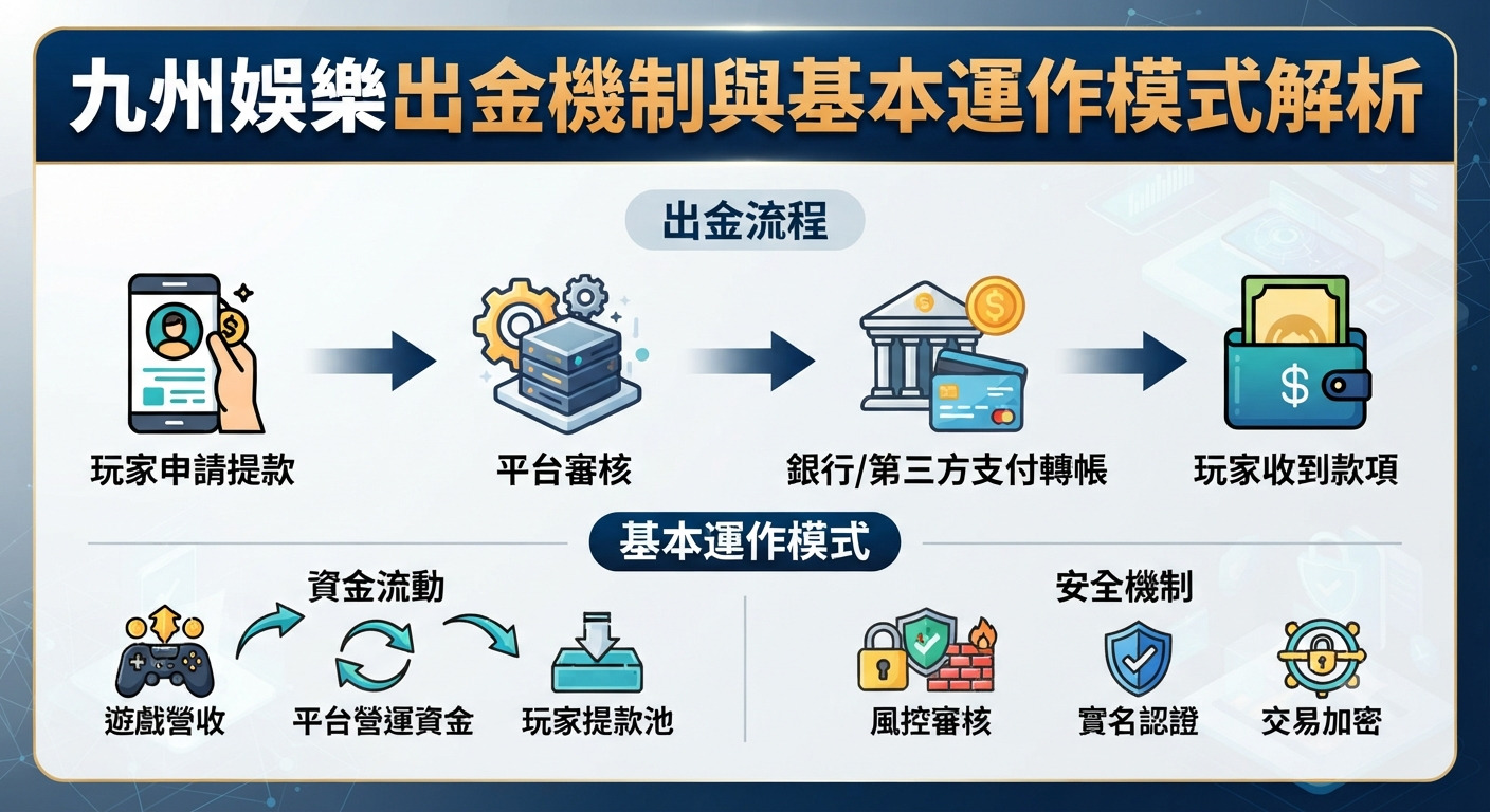 這張圖片解析了九州娛樂的出金機制與基本運作模式。 內容透過圖解展示了玩家申請提款、平台審核到銀行轉帳的完整流程。