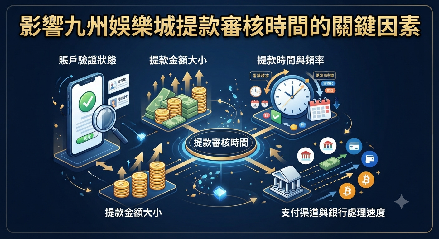 這張圖片展示了影響九州娛樂城提款審核時間的關鍵因素,並透過圖標清晰標示各項審核要素與流程。 畫面採用深藍色科技感風格,上方醒目呈現繁體中文的主題標題。